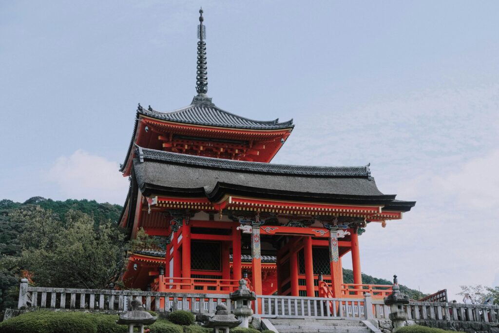 Kiyomizu-dera Temple overlooking Kyoto city at sunset